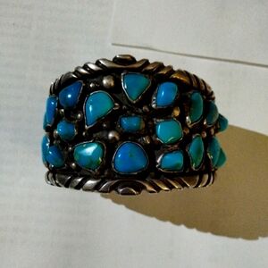 Very vintage Navajo Diné Sterling Natural Turquoise Wide Cuff Bracelet